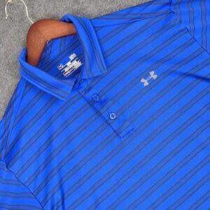 Under Armour Mens Polo Shirt Blue Black Stripe Heatgear Loose Fit Golf XL